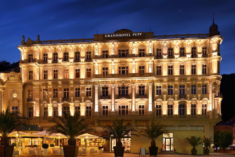 Evening view of the Grand Hotel Pupp in the Czech Republic